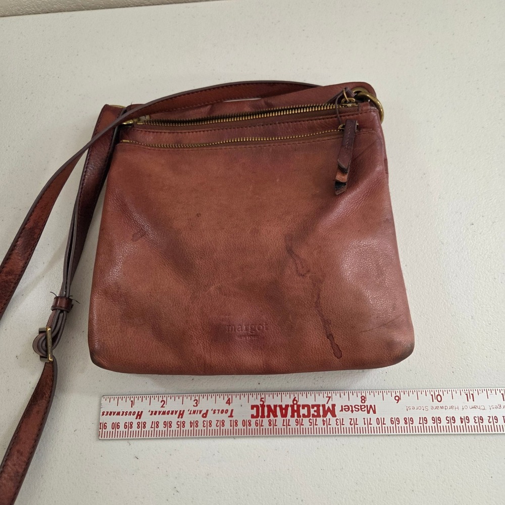 Margot New York Cognac Brown Genuine Leather Triple Zip Crossbody Bag Distressed - Picture 10 of 11